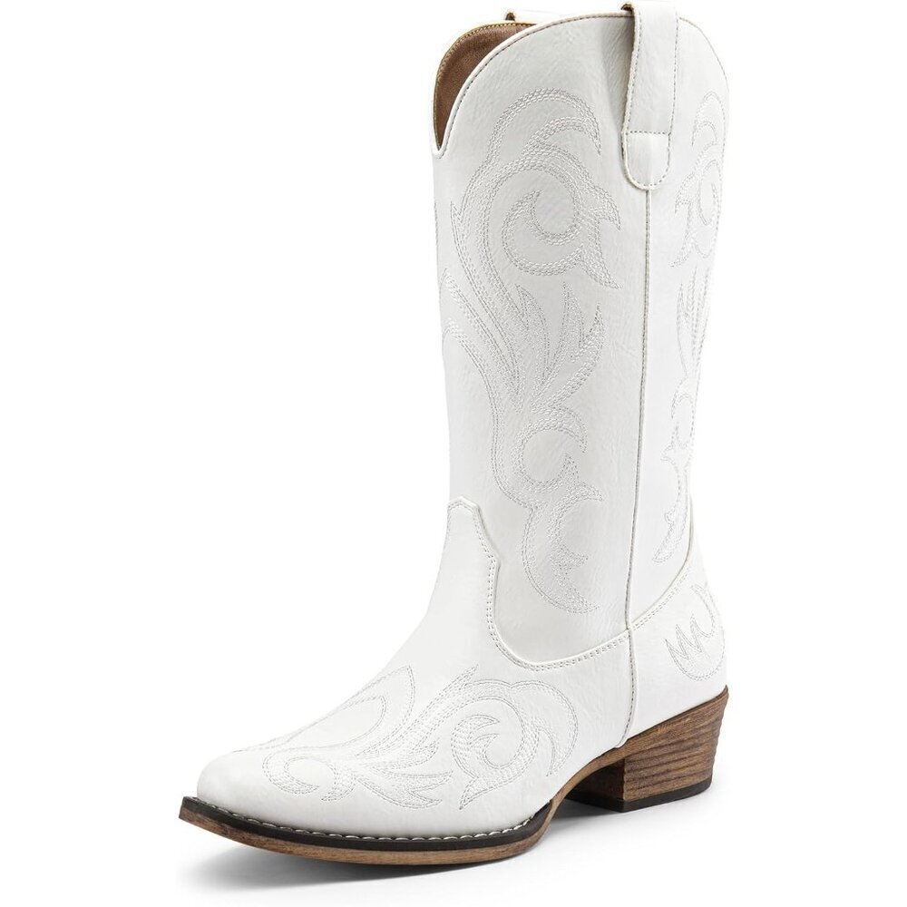 Dream Pairs Women's White Mid Calf Cowgirl Boots Square Toe Chunky Heel Shoes